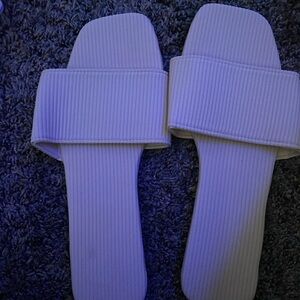 White Ribbed Slide Sandals